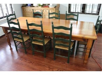 Fabulous Vintage Rustic Style Farmhouse Table With 8 Rush Seat Ladder Back Chairs