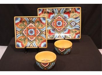 4 Piece Super Colorful Hand Painted Spanish Style Ceramic Serving Pieces
