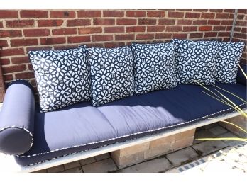 Classy Custom Outdoor Blue & White Bench Cushion With 2 Bolster Pillows & 5 Square