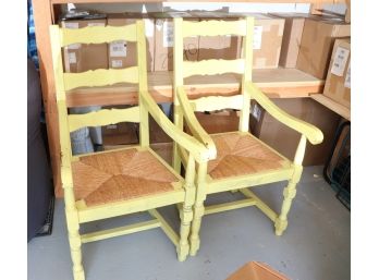 Pair Of Shabby Chic Ladder-Back Rush Seat Armchairs