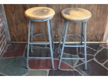 Pair Of Vintage Industrial Style Metal & Wood Seat Bar Stools