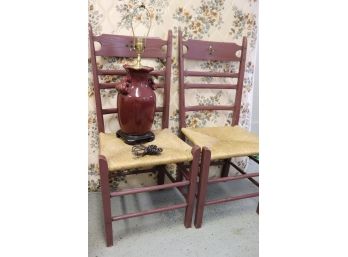 Pair Of Vintage Painted Woven Rush Farm Style Chairs With  Ceramic Burgundy Colored Asian Style Lamp