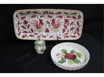 Hand Painted Floral Rooster Tray Italy DArnia Perugia, Masons, Sugar Container & Portmeirion Pie Dish