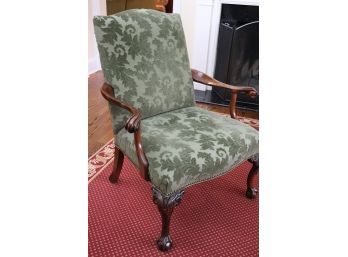 Beautiful Georgian Style Arm Chair With Velvet Upholstery By Sherrill, Curved Arms & Claw Feet