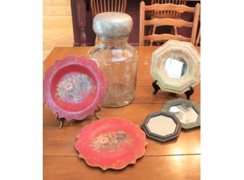 Large Decorative Etched Jar ,Painted Windham House Wood Wall Plates By Robin & 3 Small Wall Mirrors By Ant