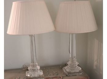 Pair Of Fabulous Contemporary Style Lucite Column Table Lamps With Pleated Shades