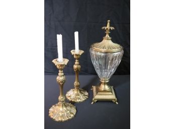 Pair Of Beautiful Brass Candlesticks With Intricate Design & Glass Body Urn With Quality Brass Base & Lid
