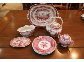 Collection Of Red & White Transferware Includes Serving Dishes, Plates, Teapot & Sugar Dish