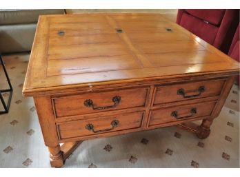 Bausman & Co. Farm Style Coffee Table With 4 Side Drawers And Opens On Top, Storage Compartment