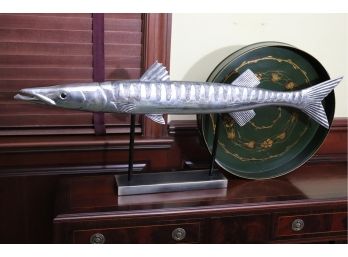 Metallic Finished Barracuda Fish On Stand Includes Stenciled Tole Tray With Handle