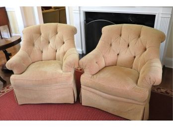 Pair Of Very Comfortable Tufted Sherrill Accent Chairs With A Gold & Cranberry Chenille Like Fabric