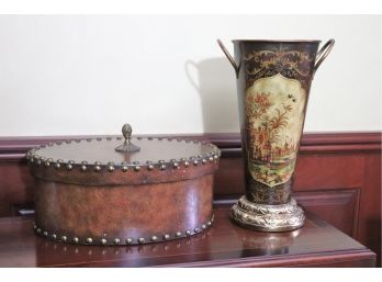 Quality Leather Wrapped Box With Nail Head Detail & Acorn Handle, Includes Metal Vase With Beautiful Asian Sce