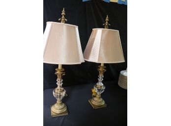Pair Of Beautiful Ornate Brass & Glass Table Lamps With Partial String Shades