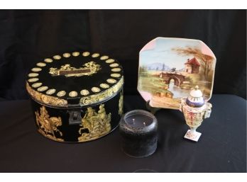 Decorative Collection Includes Pretty Metal Tin Hat Box C. Orchard - C20518 , Candle & Small Urn