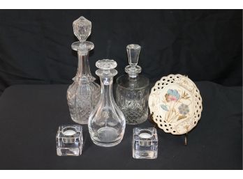 Collection Includes Decorative Cut Glass Decanters Orrefors Candle Holders & Vintage Painted Floral Plate