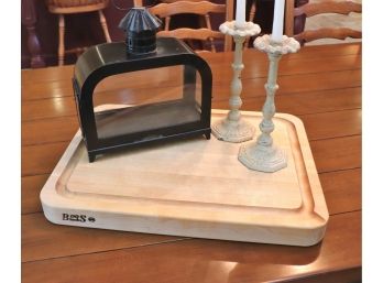 Very Substantial Quality Cutting Board In Very Good Condition Decorative Lantern & Heavy Metal Candlestick