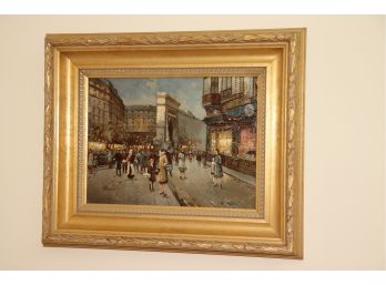 Signed Oil Painting By R. Herbo On A Wood Panel Of A City Street Scene