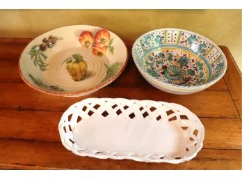 3 Ceramic Bowls Includes Woven Serving Dish By Surlatable, Beautiful Bowl By Sienna, Bowl By Williams Sonoma