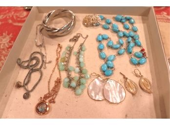 Collection Of Fashion Jewelry Includes Janis Bavit, Turquoise Style Beaded Necklace & Mother Of Pearl Ear