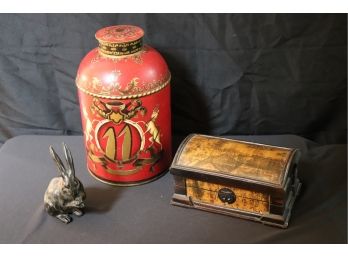 Painted Tea Caddy, Decorative Box & Vintage Iron Rabbit