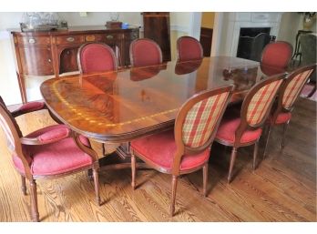 Exquisite Flame Mahogany Banded Dining Set By Henredon/ROBERT Allen Double Pedestal Dining Table & Chairs