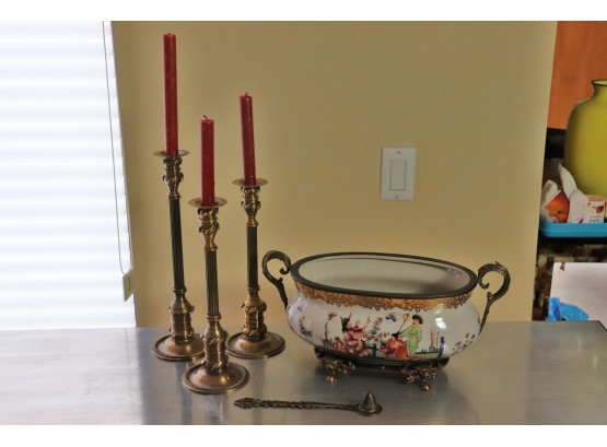 Asian Style Planter By Dominic With A Crackle Finish & Beautiful Set Of Brass Candlesticks With Felt Liner