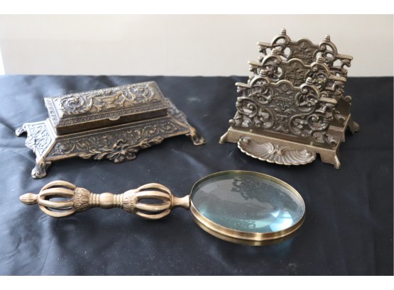 Ornate Brass Magnifying Glass & Letter Holder Made In Italy & Ornate Cast Metal Brass Finished Inkwell