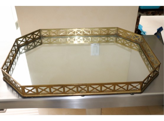 Gorgeous Heavy Mirrored Brass Tray With Gallery Rail In Great Condition With A Felt Liner On Bottom