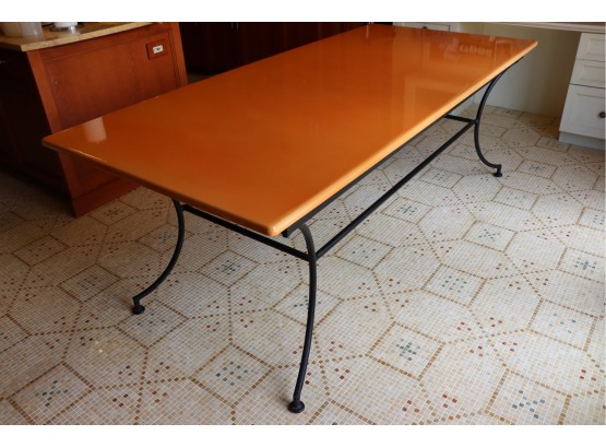 Quality Custom Lacquered Pumpkin Colored Stone Top Table On A Custom Wrought Iron Base