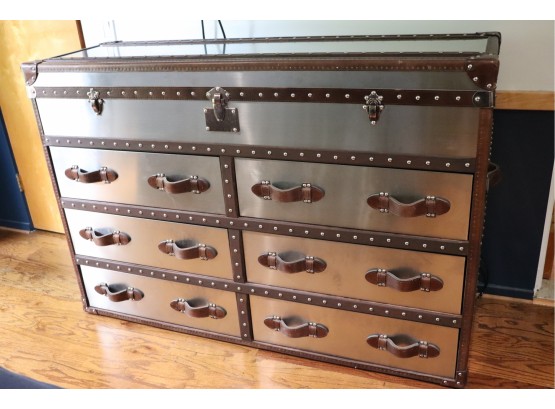 Restoration Hardware Stainless Steel & Leather Detail Trunk Style Dresser With Footlocker Style Storage On Top