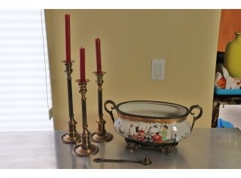 Asian Style Planter By Dominic With A Crackle Finish & Beautiful Set Of Brass Candlesticks With Felt Liner