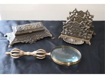 Ornate Brass Magnifying Glass & Letter Holder Made In Italy & Ornate Cast Metal Brass Finished Inkwell