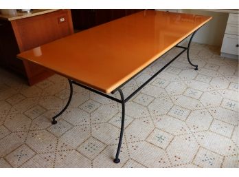 Quality Custom Lacquered Pumpkin Colored Stone Top Table On A Custom Wrought Iron Base
