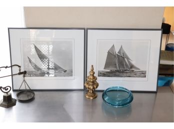 Brass Garniture, Scale & Signed Glass Bowl, Emerald Commodores Cup Race & M- Boats Prestige