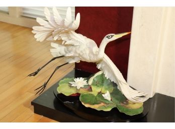 Gorgeous Boehm Crane Statue With Lilly Pad And Floral Detail On Wood Base