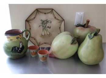 Decorative Collection Includes Large Decorative Fruit Pieces, Plate & Painted Ceramic Pitcher