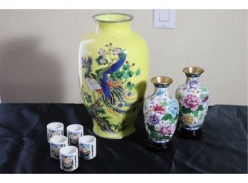 Collection Of Beautiful Enamel Asian Vases & Sumo Sake Cups