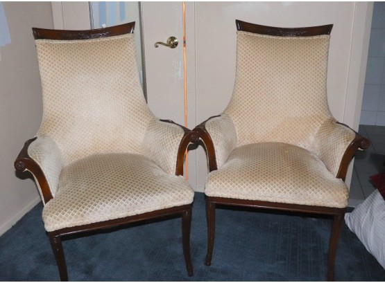 Pair Of Vintage Hollywood Regency Style Armchairs With Carved Wood Details
