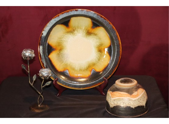 Large Ceramic Pottery Display Plate With Stylized Floral Center, Signed Pottery/Metal Candlestick, Glass Roses