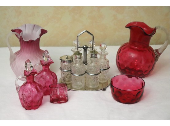 Pretty Group Of Vintage Cranberry Glass & Satin Glass Pitchers, & Cruet Set