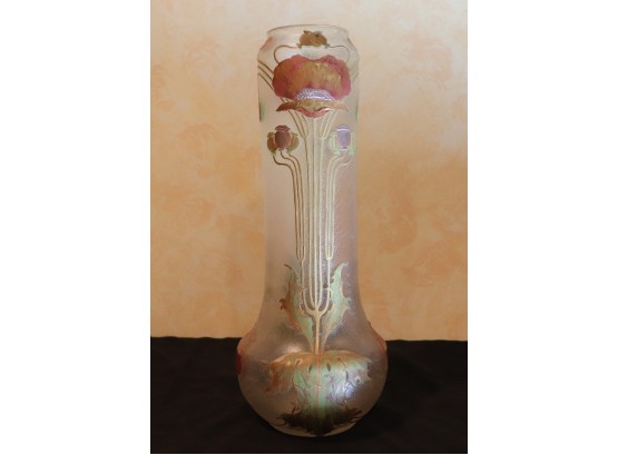 Gorgeous Tall Art Nouveau Frosted Glass Hand Painted Vase By Mont Joye France