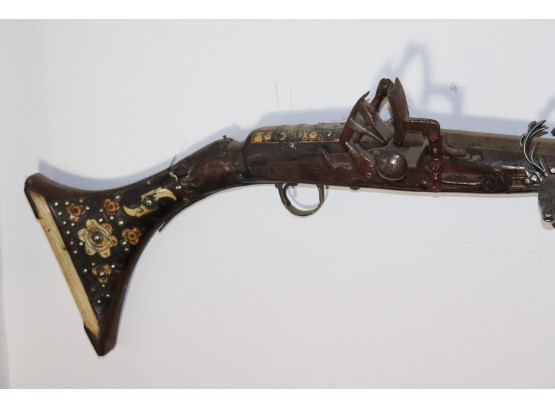 Amazing 19th C Hunting Rifle From A Long Island Estate. With Filigree Brass Rings & Inlaid Handle