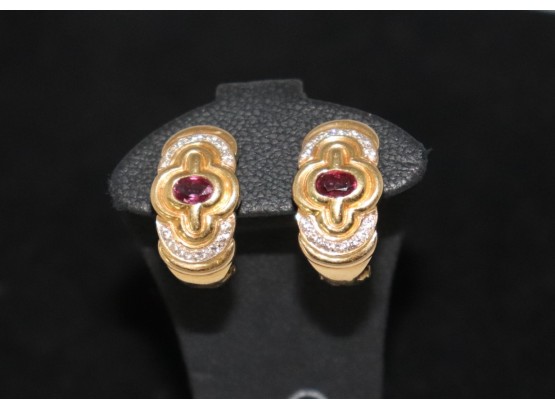 Pair Of 14K YG Ruby And Diamond Accent Earrings