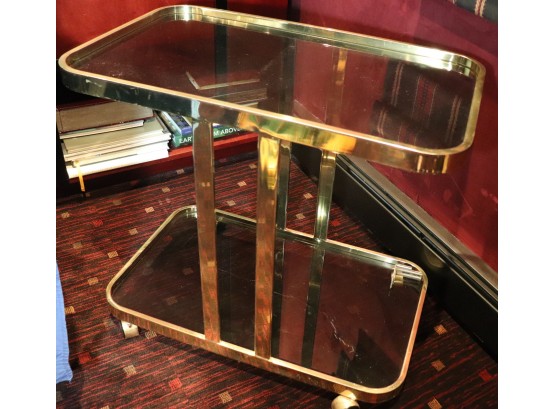 Very Cool, Modernist Tier Brass & Glass Bar Cart On Casters