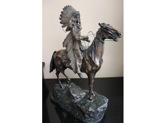 Mounted Indian Chief Bronze Sculpture By C. Kauba Signed With Plaque On Green Marble Base