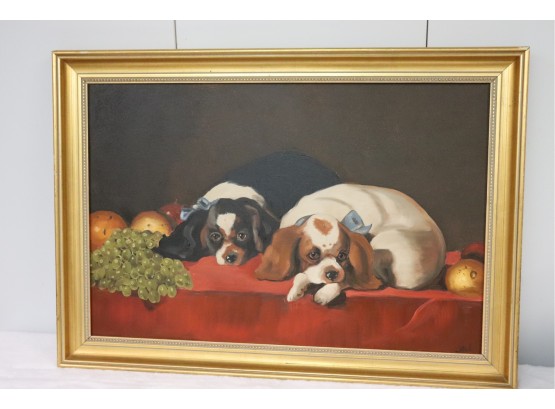 Painting Of Adorable Spaniels Puppies On Red Table With Grapes & Oranges In Gold Frame