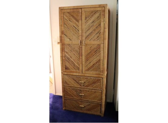 Vintage Rattan Armoire Cabinet With 3 Drawers & 2 Rattan Shelves