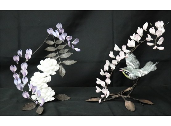 Pair Of Boehm, England Handmade Figurines With Bird & Flowers