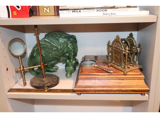 Fun Lot Of Vintage Items, With Brass Magnifying Glass, Decorated Brass Letter Holder & Dragon Candle