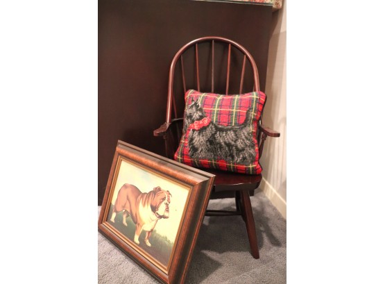 Miniature Windsor Chair With Needlepoint Pillow Of Scottie & Giclee Of Bulldog Framed